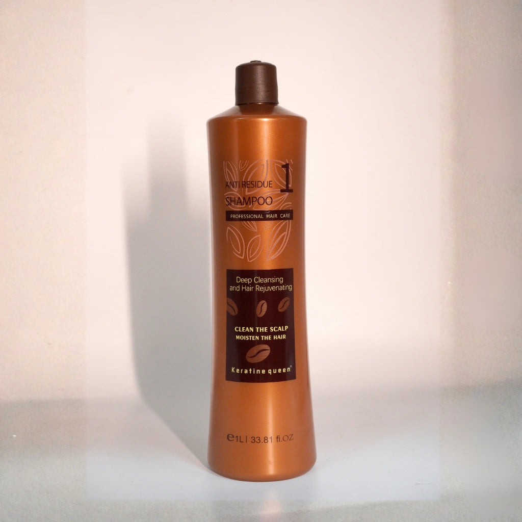 Keratin Queen Step 1 anti-residue shampoo bottle, deep cleansing and scalp purification shampoo for professional hair treatment system, 1L size