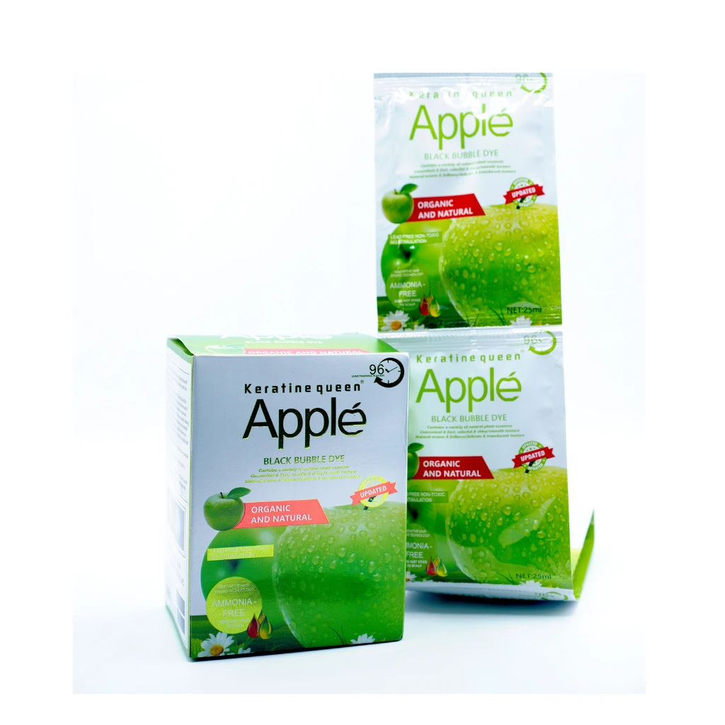Keratin Queen Apple Black Bubble Dye hair color kit, organic and natural ammonia-free black hair dye with green apple extract, professional bubble dye box packaging 25ml