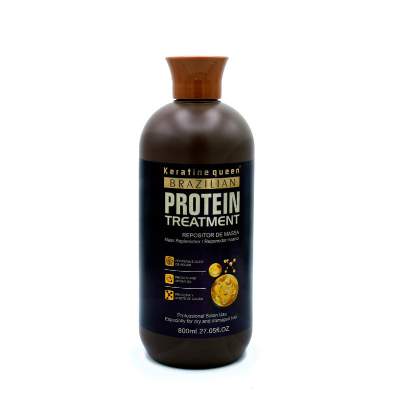 Keratin Queen Brazilian Protein Treatment bottle, professional salon hair repair mask with argan oil, designed to restore and strengthen dry, damaged hair 800ml