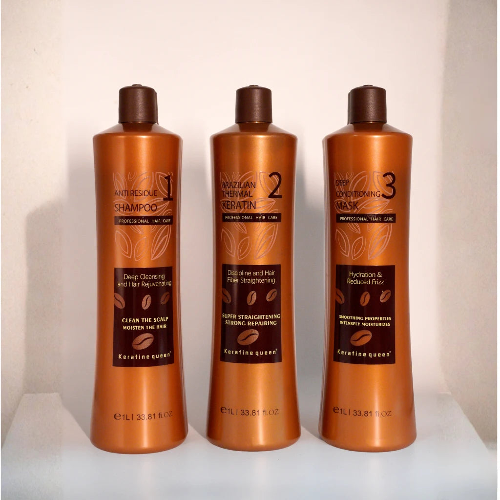 Three bottle professional hair care set by Keratin Queen: Step 1 anti-residue shampoo, Step 2 Brazilian thermal keratin treatment, Step 3 deep conditioning mask for hair smoothing and repair