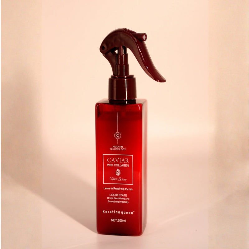 Red bottle Keratin Queen Caviar with Collagen hair spray, leave-in repairing treatment for dry and damaged hair, liquid keratin technology smoothing and nourishing spray 200ml