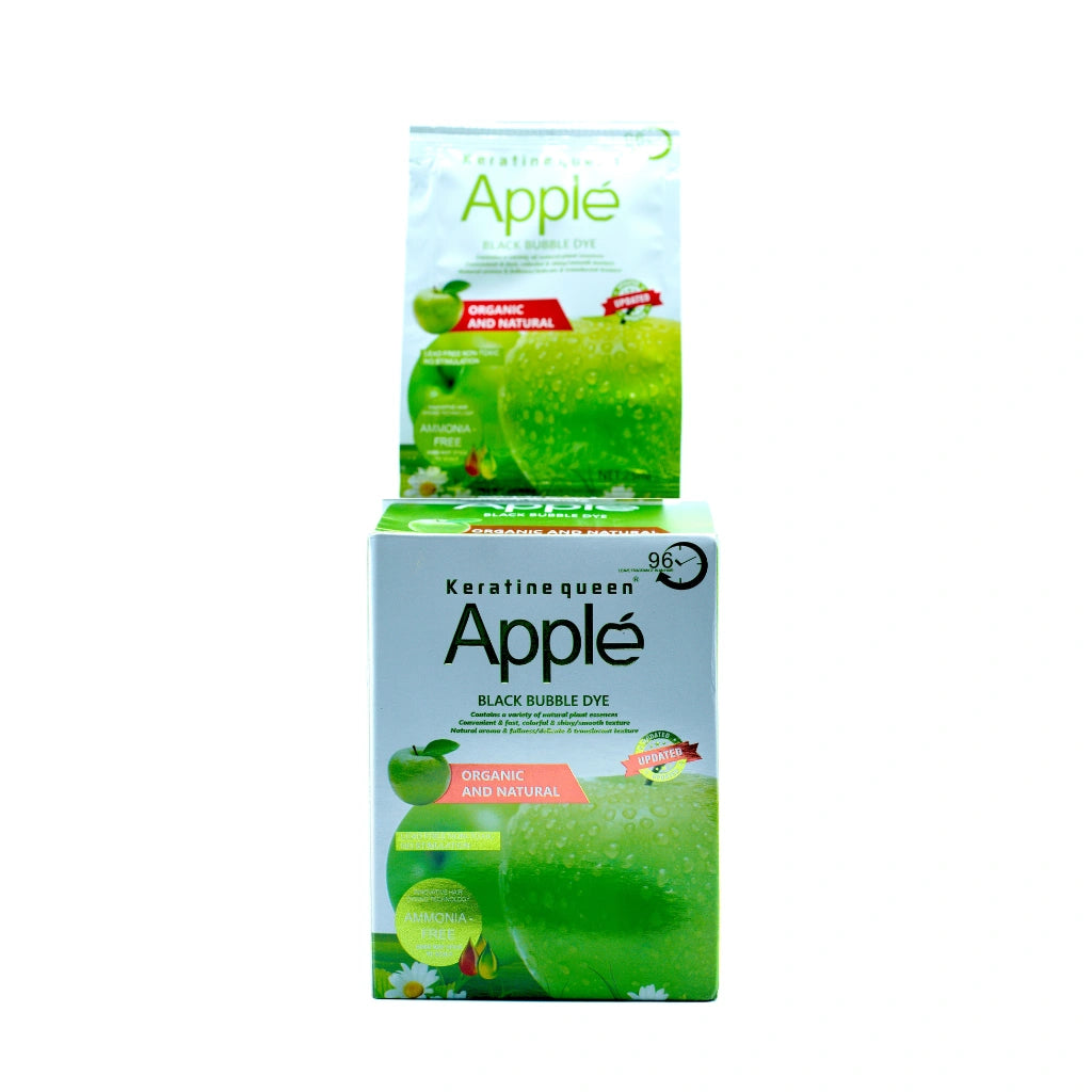 Keratin Queen Apple Black Bubble Dye hair color boxes stacked set, organic and natural ammonia-free green apple hair dye kit for professional and home use, black bubble dye 25ml packaging