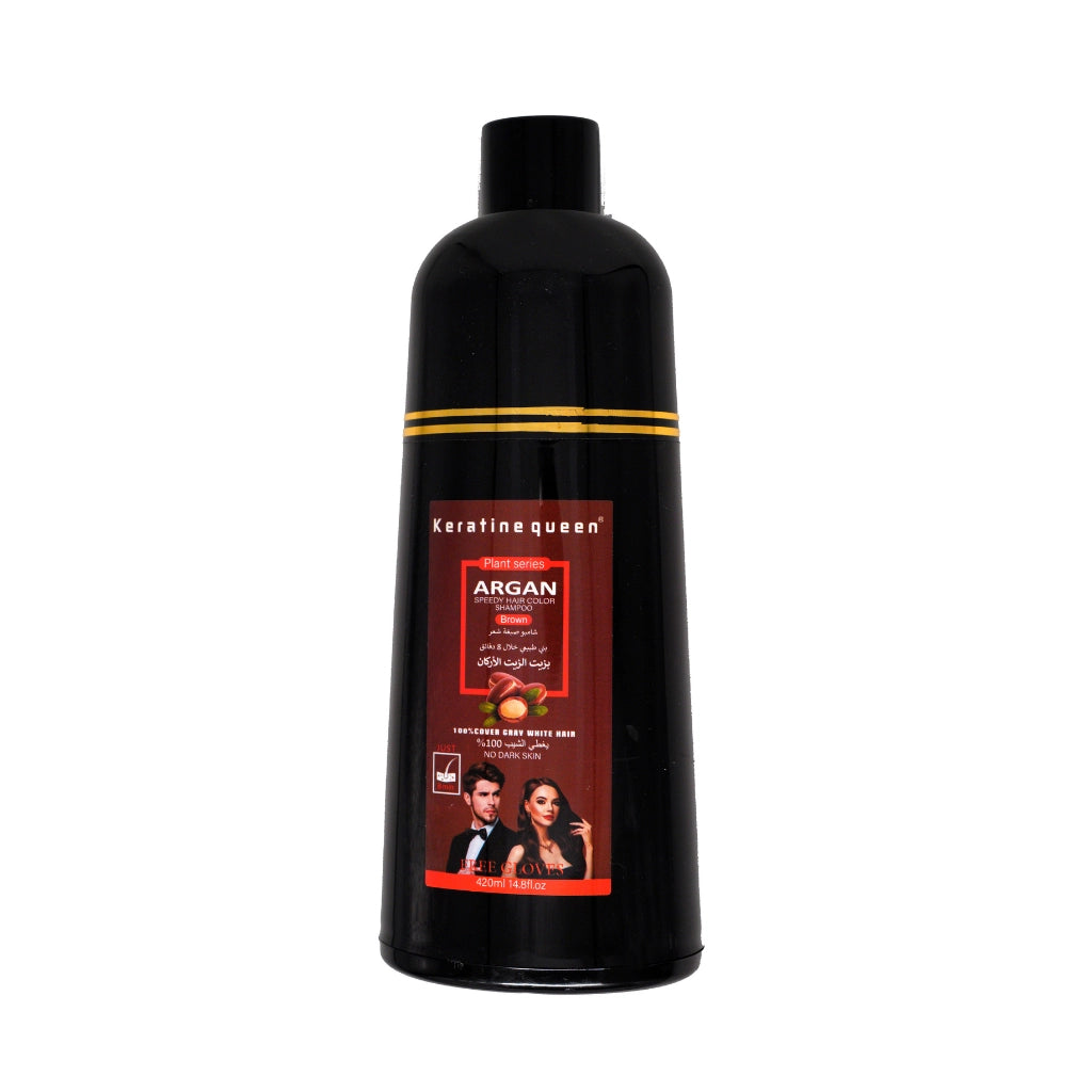 Black bottle of Keratin Queen Argan Speedy Hair Color Shampoo (Brown), 420ml plant-based argan oil hair dye shampoo for covering gray hair