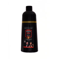 Black bottle of Keratin Queen Argan Speedy Hair Color Shampoo (Natural Black), 420ml hair dye shampoo for gray hair coverage, plant-based argan oil formula