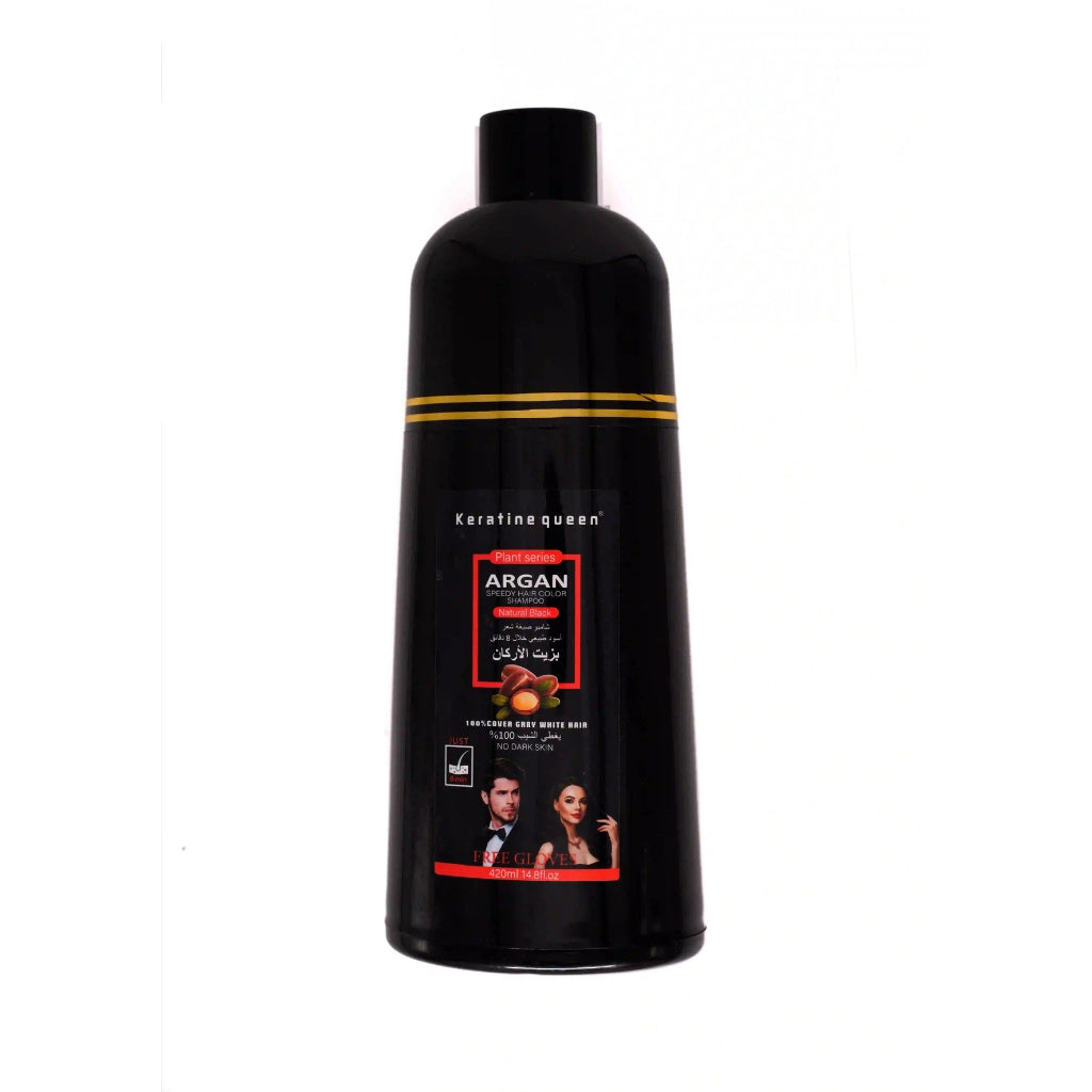 Black bottle of Keratin Queen Argan Speedy Hair Color Shampoo (Natural Black), 420ml hair dye shampoo for gray hair coverage, plant-based argan oil formula