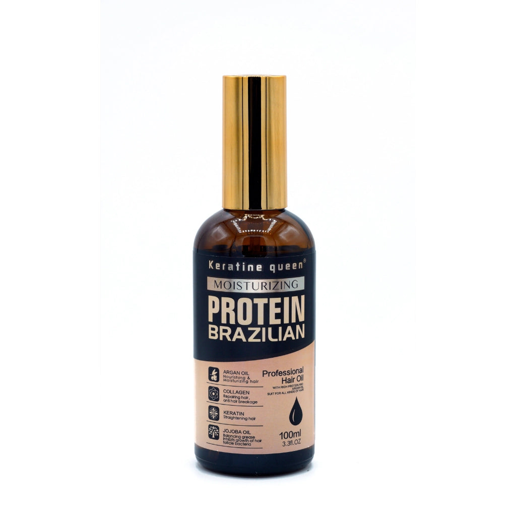 Keratin Queen moisturizing Brazilian protein hair oil bottle with gold cap, professional salon hair care treatment enriched with keratin, collagen and argan oil for smooth and healthy hair 100ml