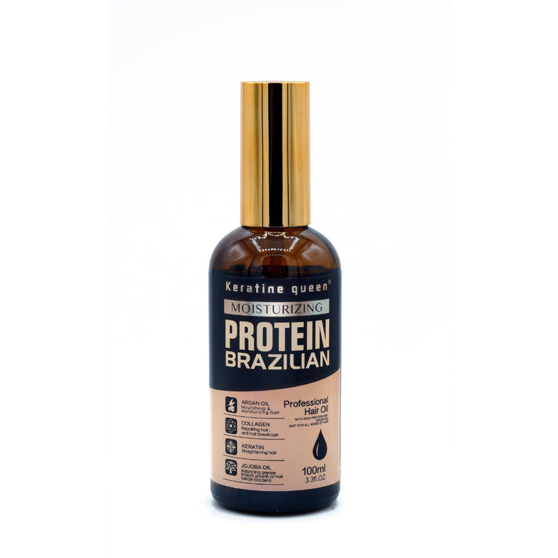 Keratin Queen moisturizing Brazilian protein hair oil bottle with gold cap, professional salon hair care treatment enriched with keratin, collagen and argan oil for smooth and healthy hair 100ml