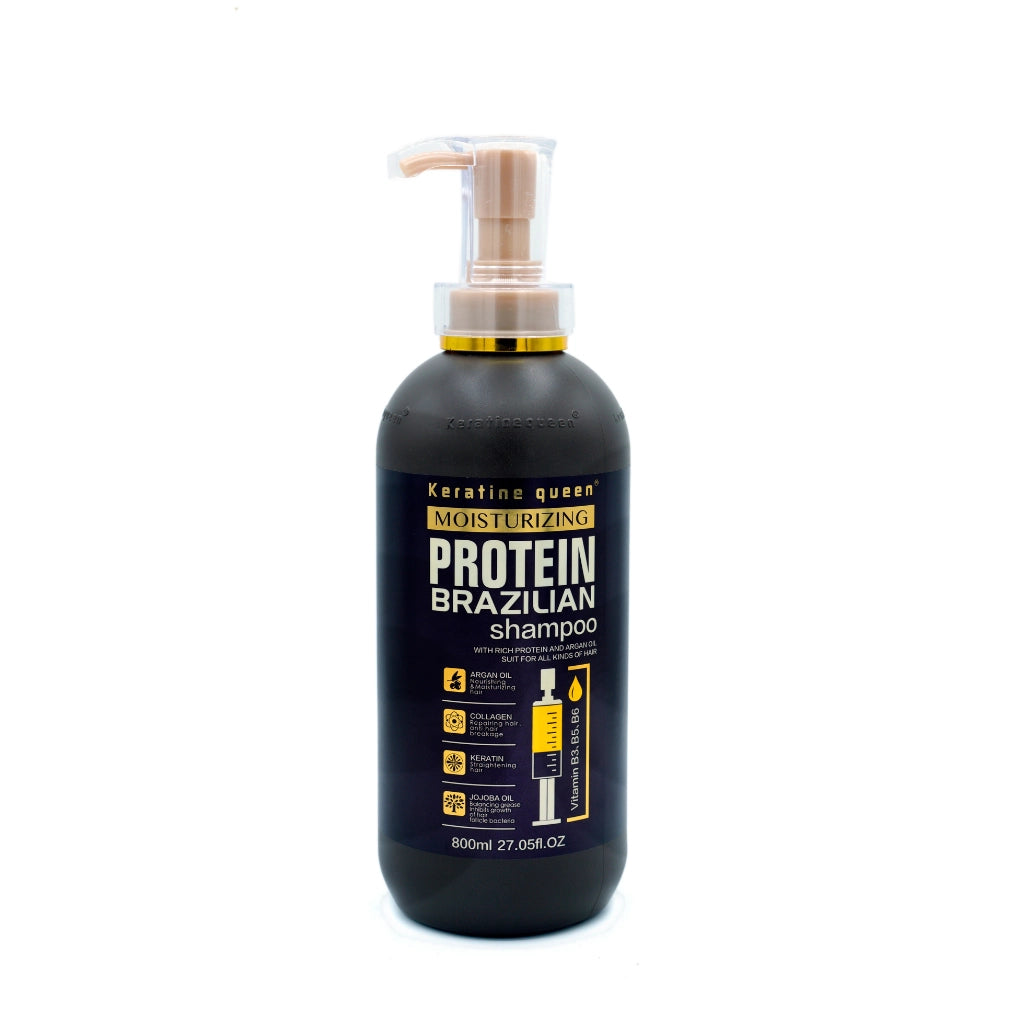 Keratin Queen moisturizing protein Brazilian shampoo bottle with pump, professional salon hair care for hydration, frizz control and damage repair with argan oil and keratin 800ml