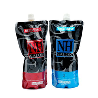 Two pouch set of NH Salon professional rebonding hair treatment system, Step 1 (red) and Step 2 (blue), salon care formula for hair straightening, smoothing and chemical rebonding 800ml