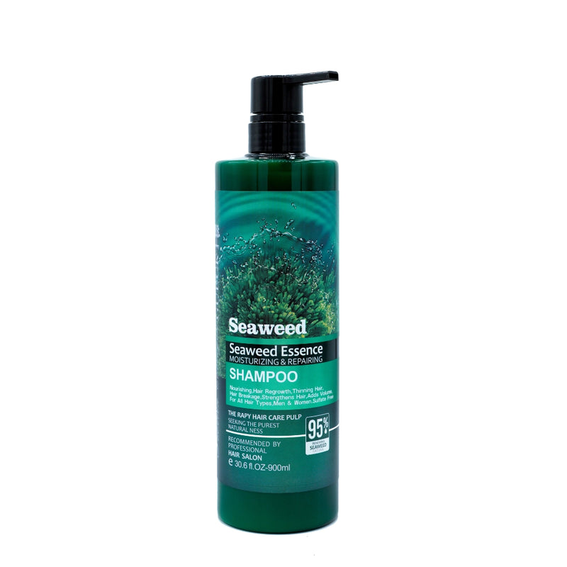Seaweed Essence shampoo bottle with pump, moisturizing and repairing sulfate-free hair care formula enriched with seaweed extract for hair growth, strength, volume and scalp health 900ml