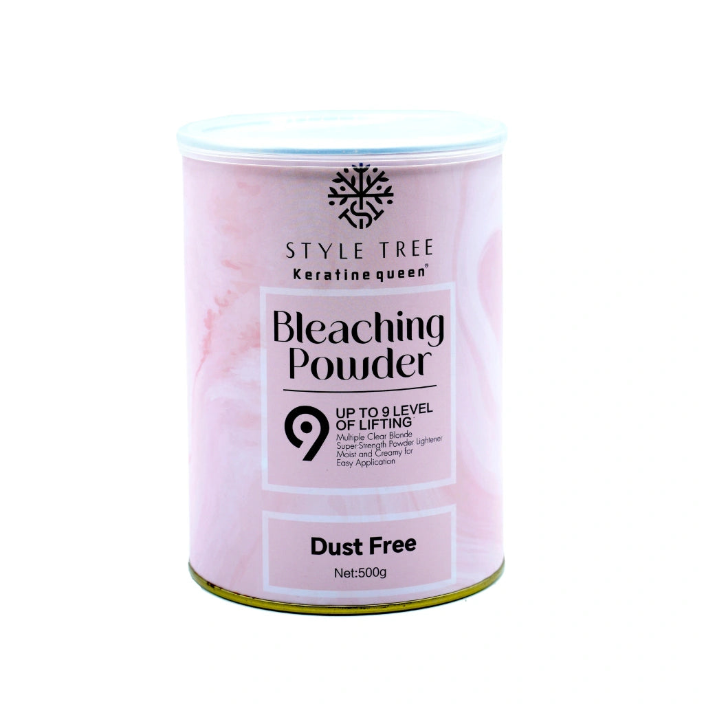 Pink container of Style Tree Keratin Queen bleaching powder, dust free professional hair lightener for up to 9 levels lift, used for blonde bleaching and salon hair coloring 500g