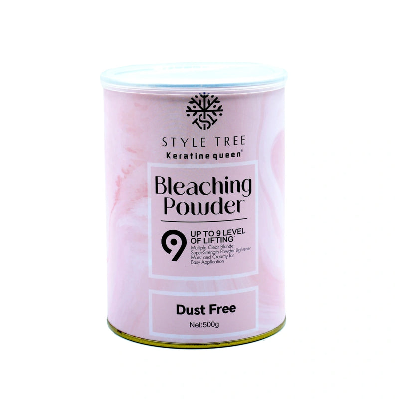 Pink container of Style Tree Keratin Queen bleaching powder, dust free professional hair lightener for up to 9 levels lift, used for blonde bleaching and salon hair coloring 500g