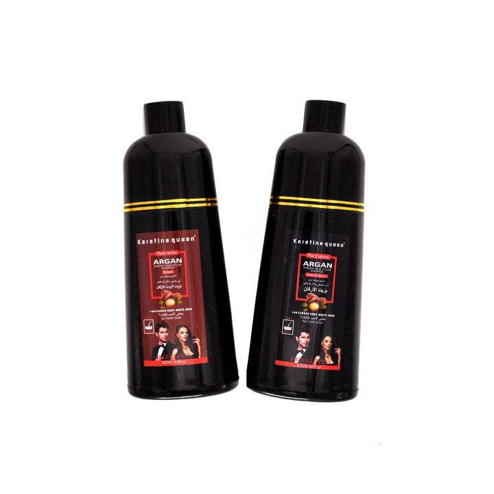 Two bottles of Keratin Queen Argan Speedy Hair Color Shampoo (Natural Black and Brown), 420ml plant-based argan oil hair dye shampoo for gray hair coverage
